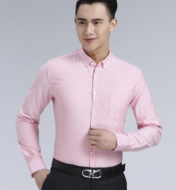 粉色男款牛津紡翻領(lǐng)長袖修身襯衫-19172#