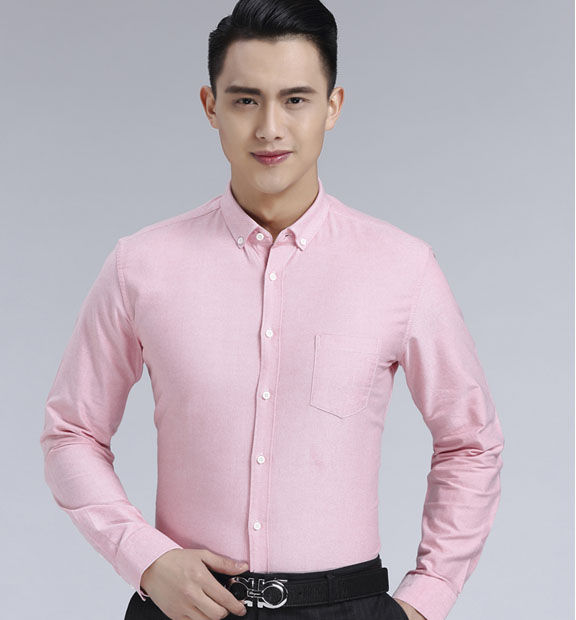 粉色男款牛津紡翻領(lǐng)長袖修身襯衫-19172#