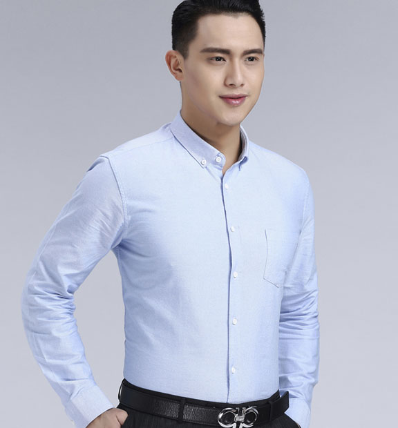 藍色男款牛津紡翻領長袖修身襯衫-19175#
