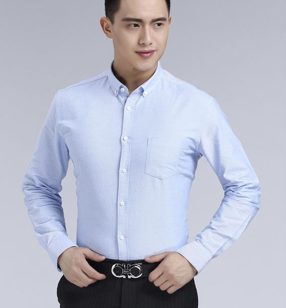 藍色男款牛津紡翻領長袖修身襯衫-19175#