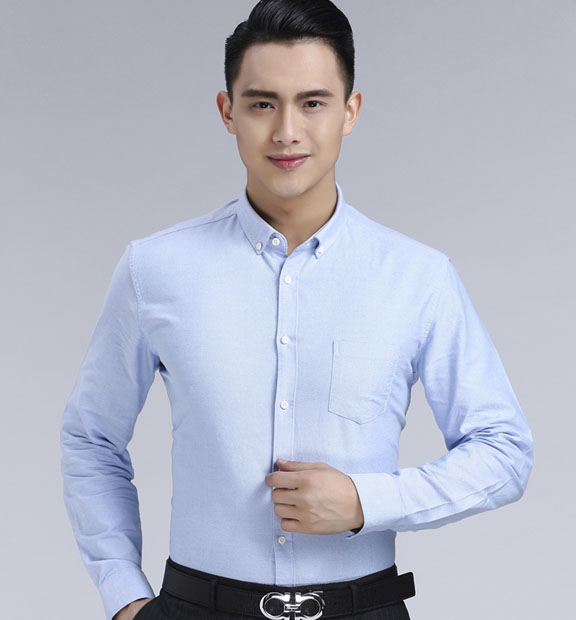 藍色男款牛津紡翻領長袖修身襯衫-19175#