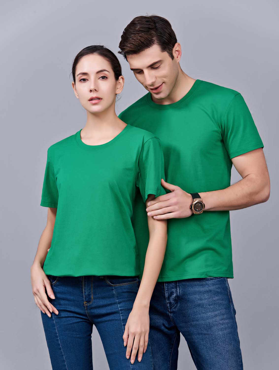 夏季草綠色男女同款純棉半袖圓領文化衫T19#