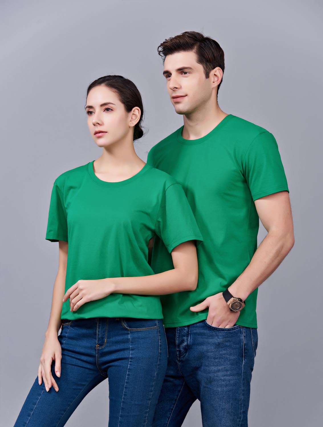 夏季草綠色男女同款純棉半袖圓領文化衫T19#