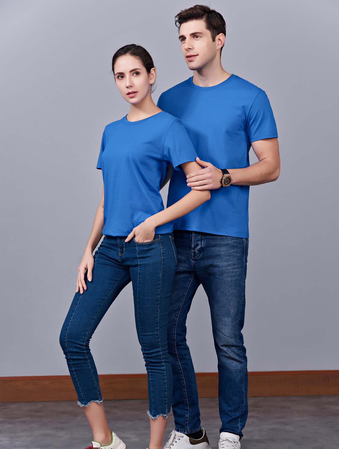 夏季湖藍色男女同款純棉半袖圓領文化衫T19#