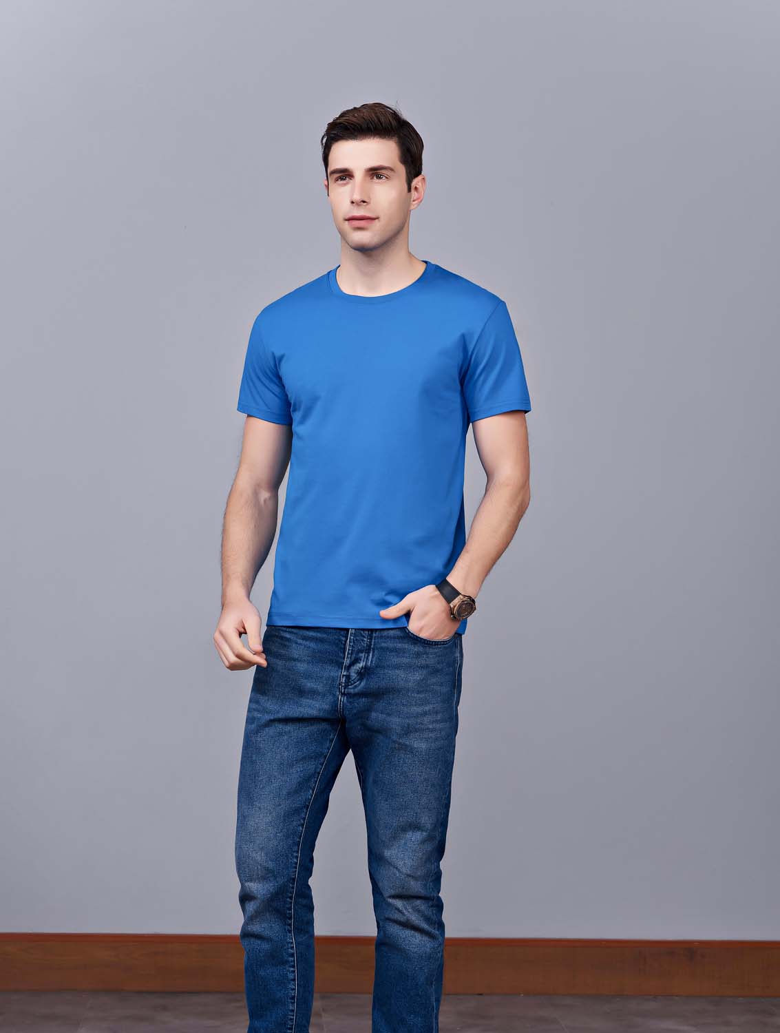 夏季湖藍色男女同款純棉半袖圓領文化衫T19#