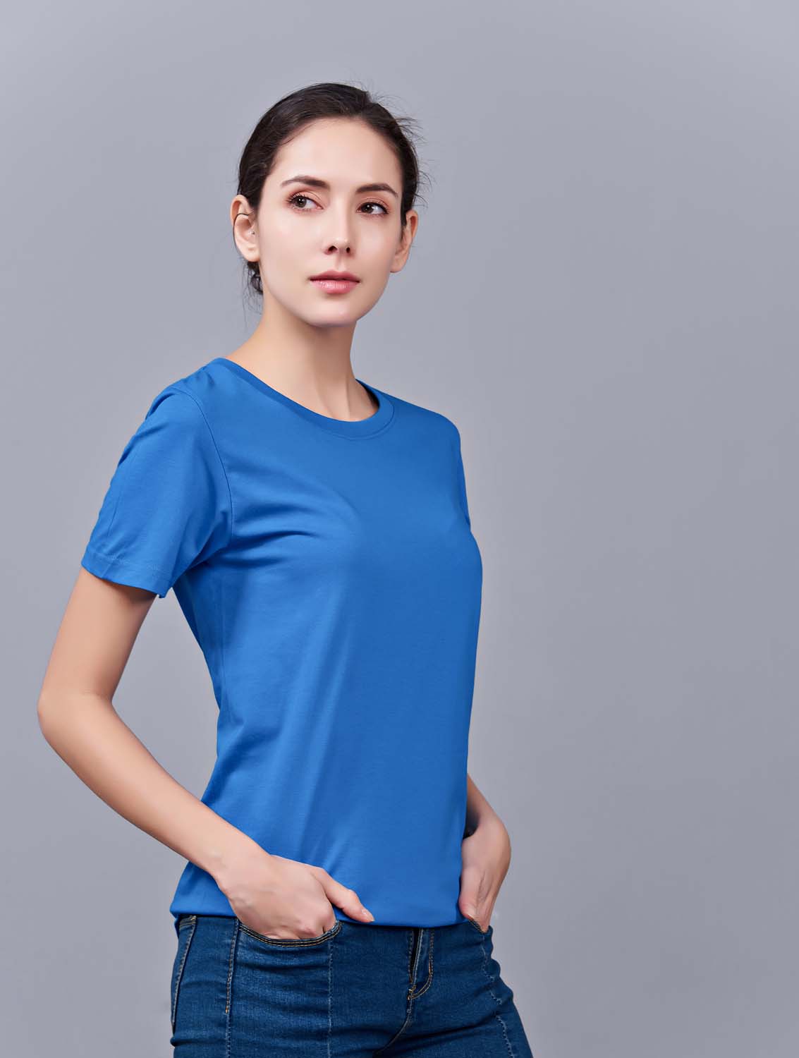 夏季湖藍色男女同款純棉半袖圓領文化衫T19#