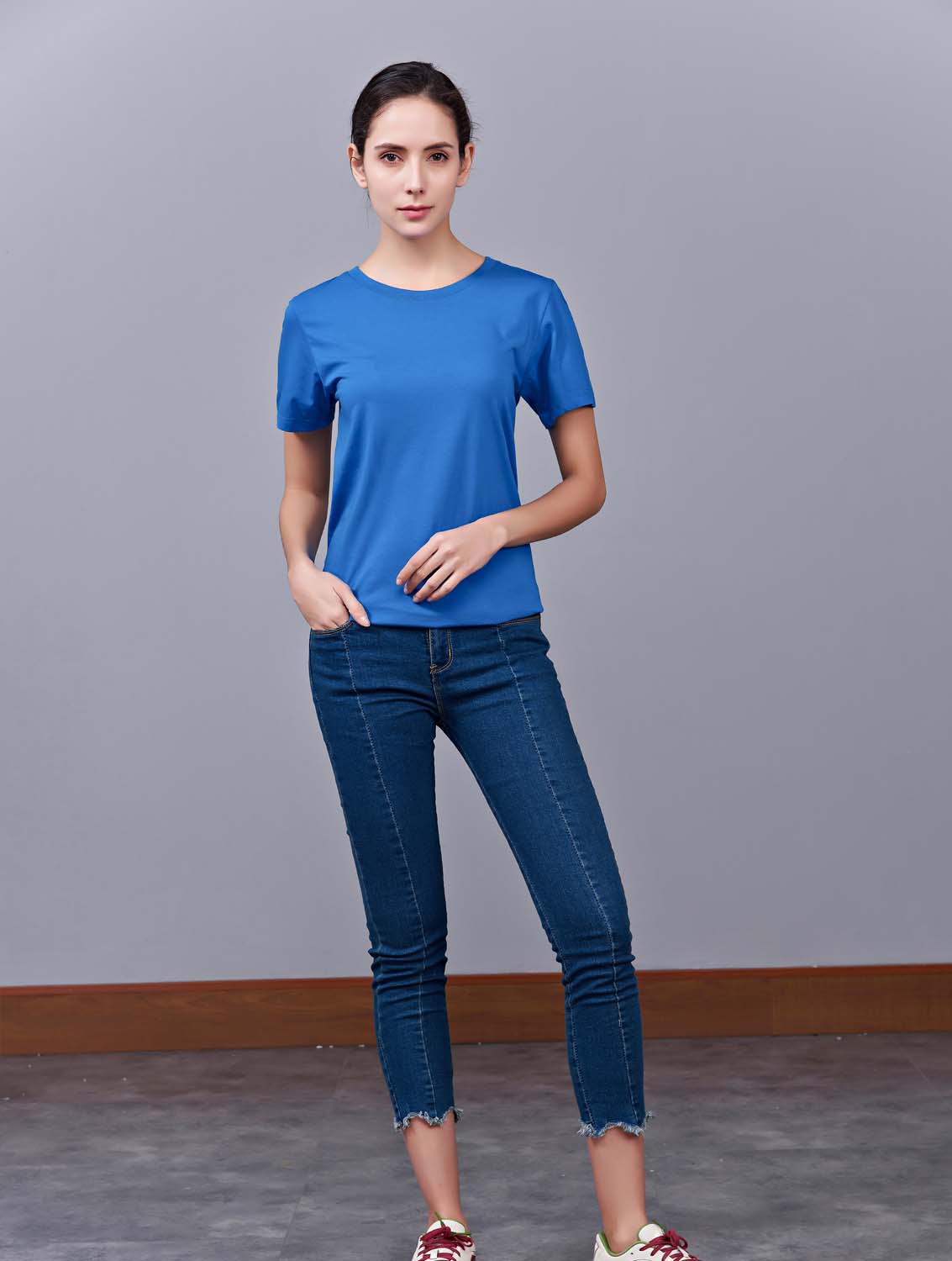 夏季湖藍色男女同款純棉半袖圓領文化衫T19#