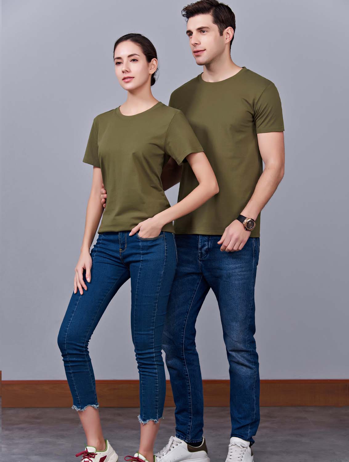 夏季軍綠色男女同款純棉半袖圓領文化衫T19#