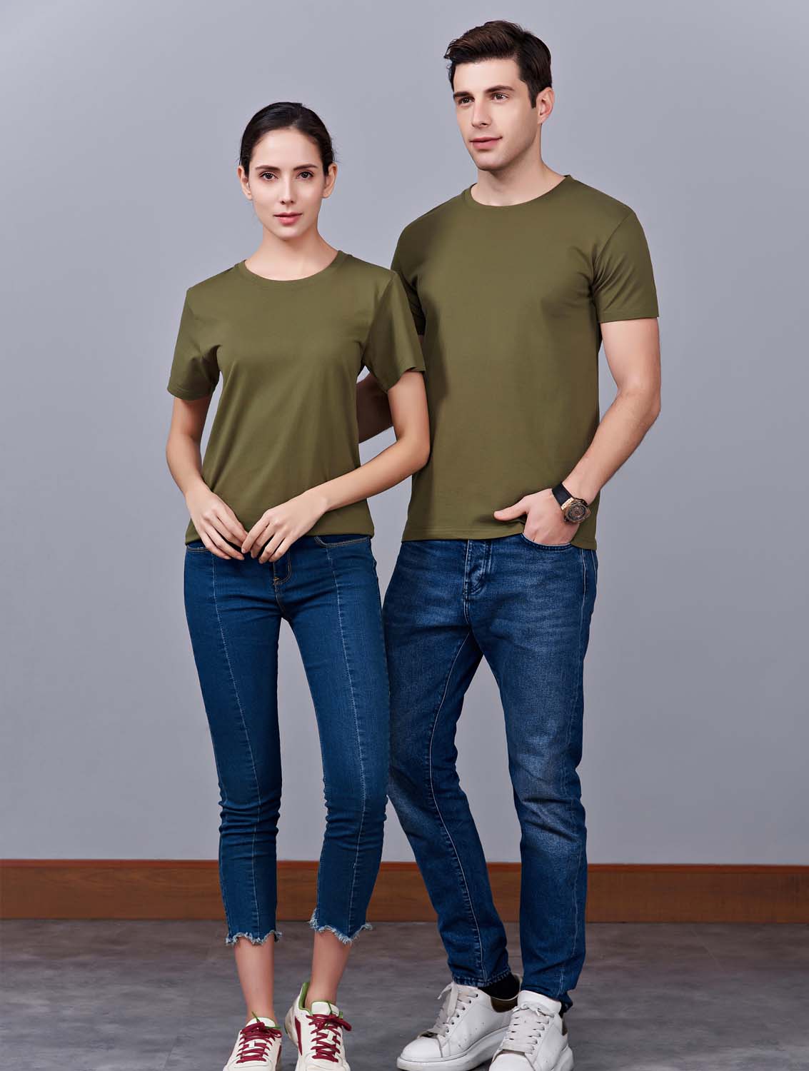 夏季軍綠色男女同款純棉半袖圓領文化衫T19#