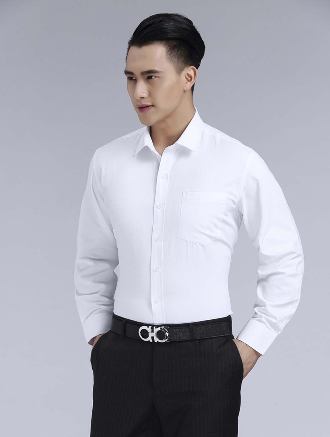 白色男款滌棉翻領(lǐng)長(zhǎng)袖修身襯衫-0501#