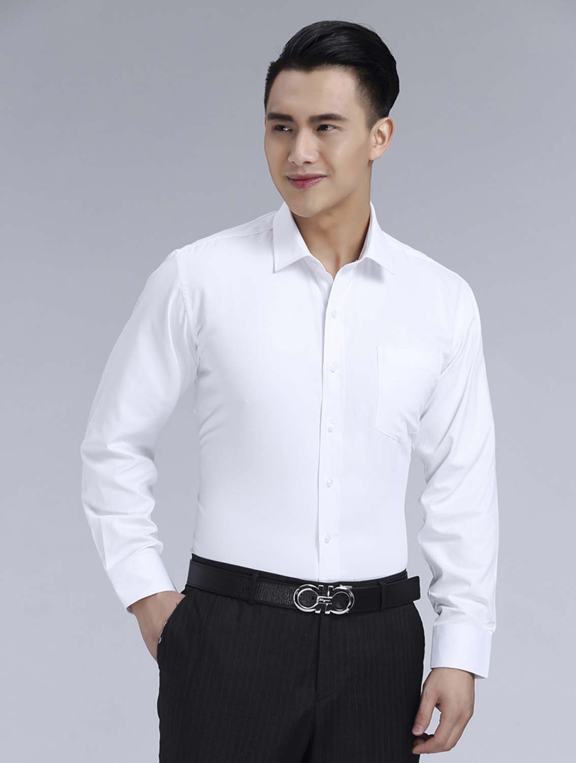 白色男款滌棉翻領(lǐng)長(zhǎng)袖修身襯衫-0501#