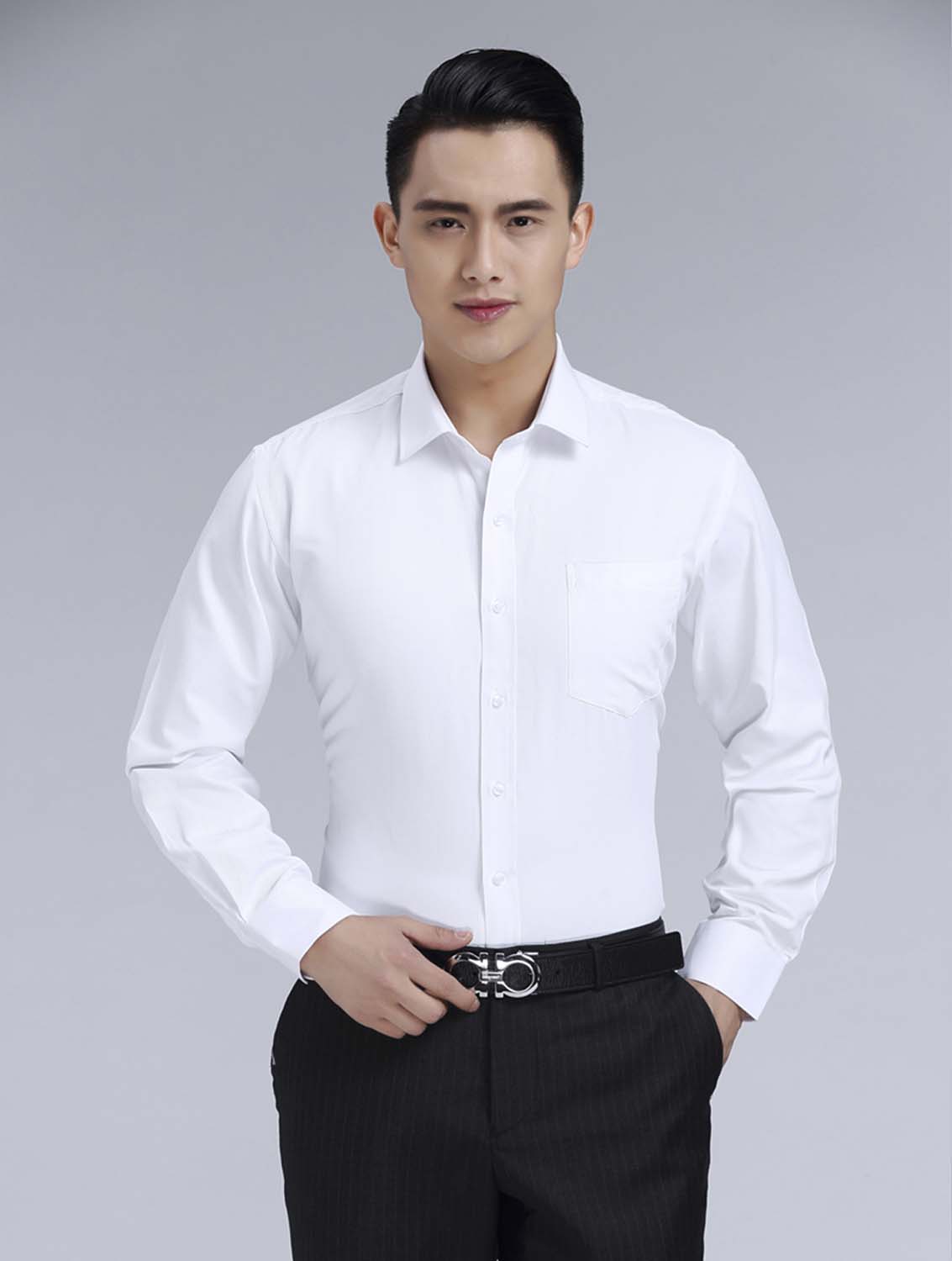 白色男款滌棉翻領(lǐng)長(zhǎng)袖修身襯衫-0501#