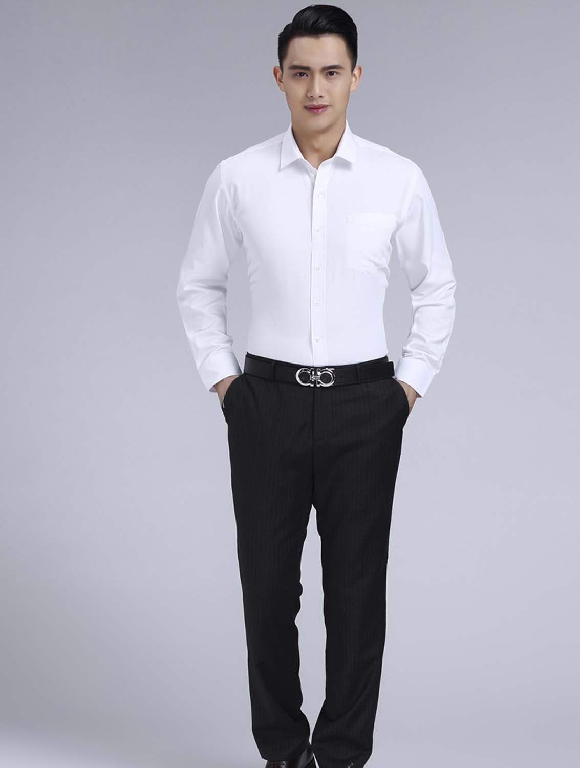 白色男款滌棉翻領(lǐng)長(zhǎng)袖修身襯衫-0501#