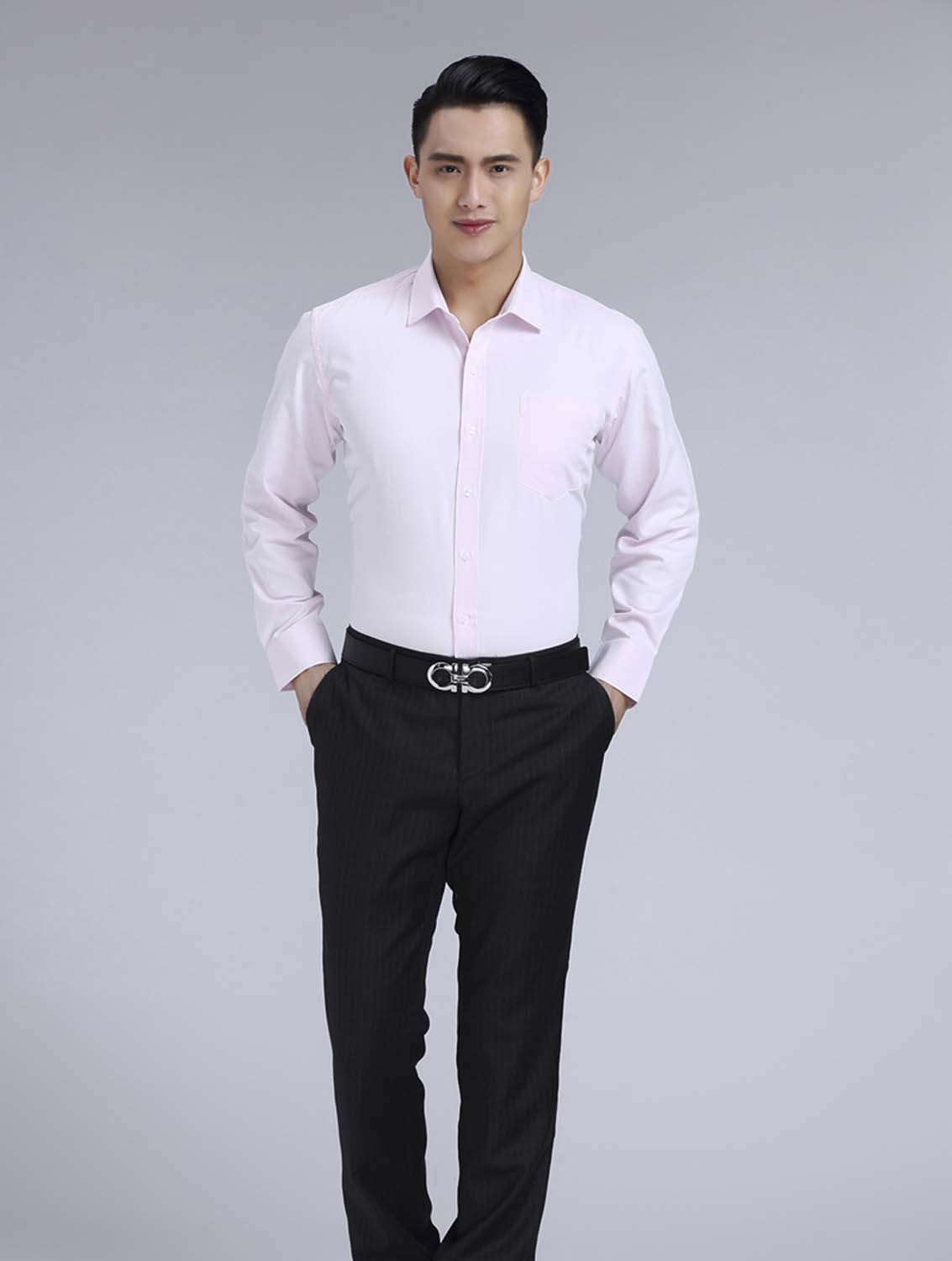 粉色斜紋男款滌棉翻領(lǐng)長袖修身襯衫-1382#