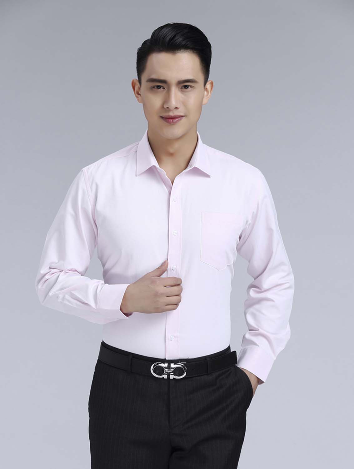 粉色斜紋男款滌棉翻領(lǐng)長袖修身襯衫-1382#