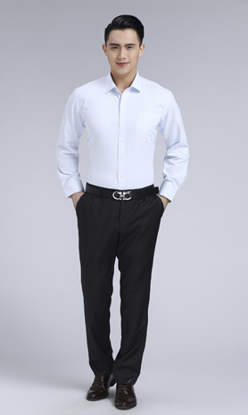 淺藍(lán)色斜紋男款滌棉翻領(lǐng)長(zhǎng)袖修身襯衫-1383#