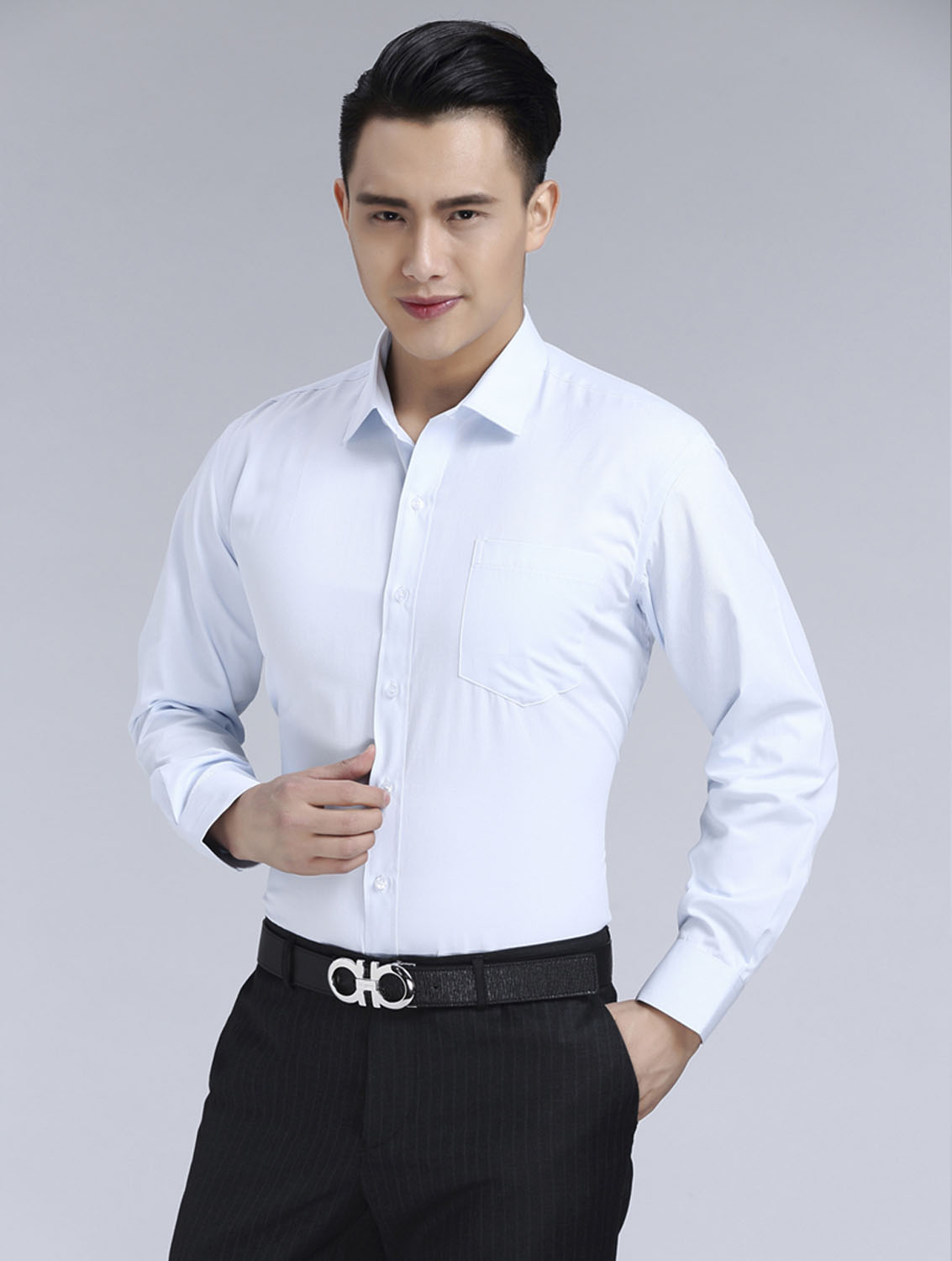 淺藍色斜紋男款滌棉翻領長袖修身襯衫-1383#