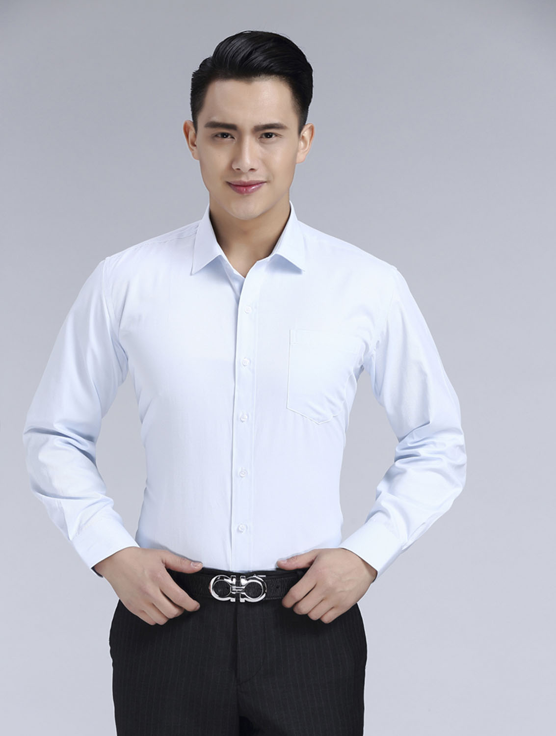 淺藍色斜紋男款滌棉翻領長袖修身襯衫-1383#