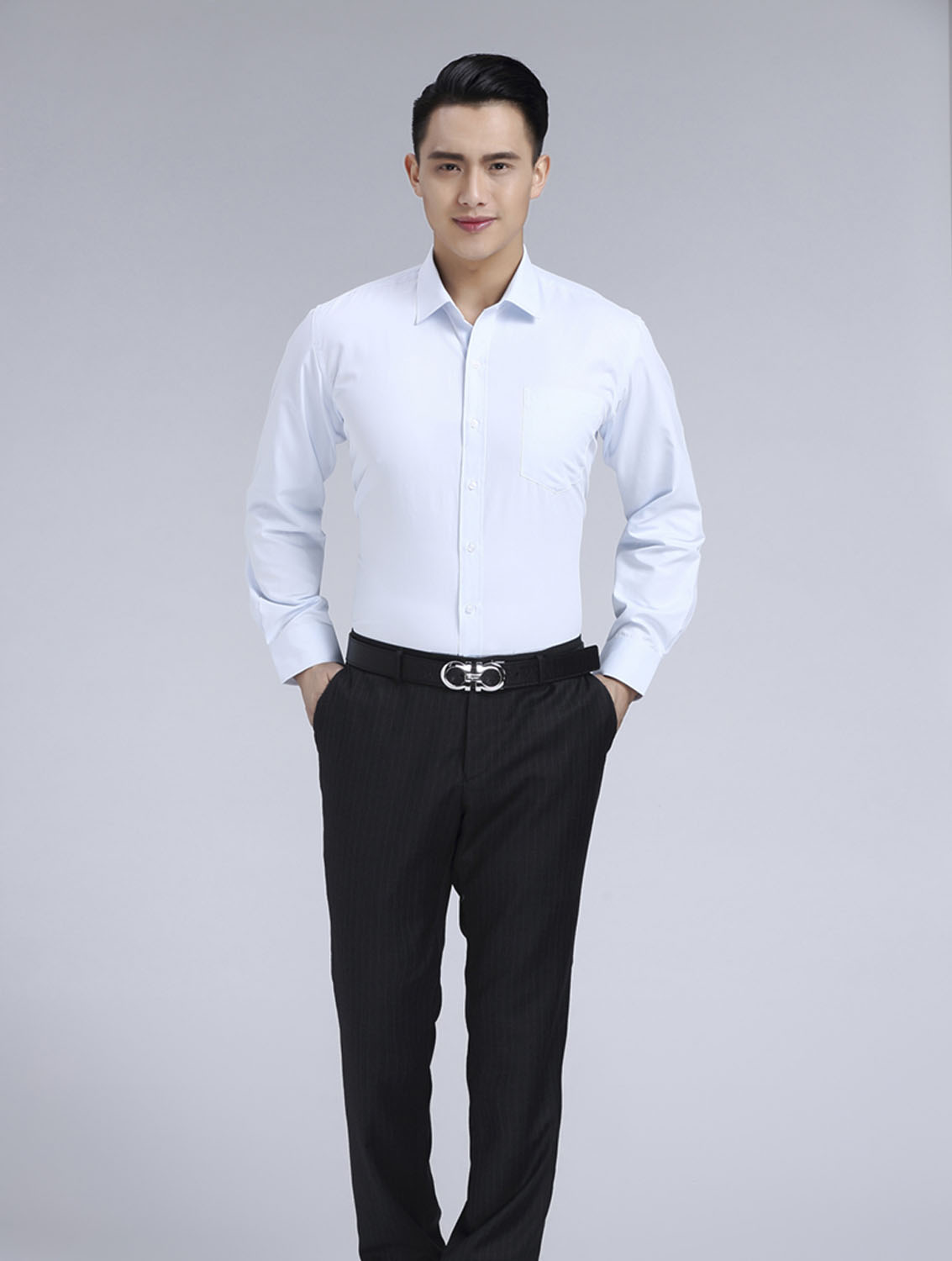 淺藍色斜紋男款滌棉翻領長袖修身襯衫-1383#