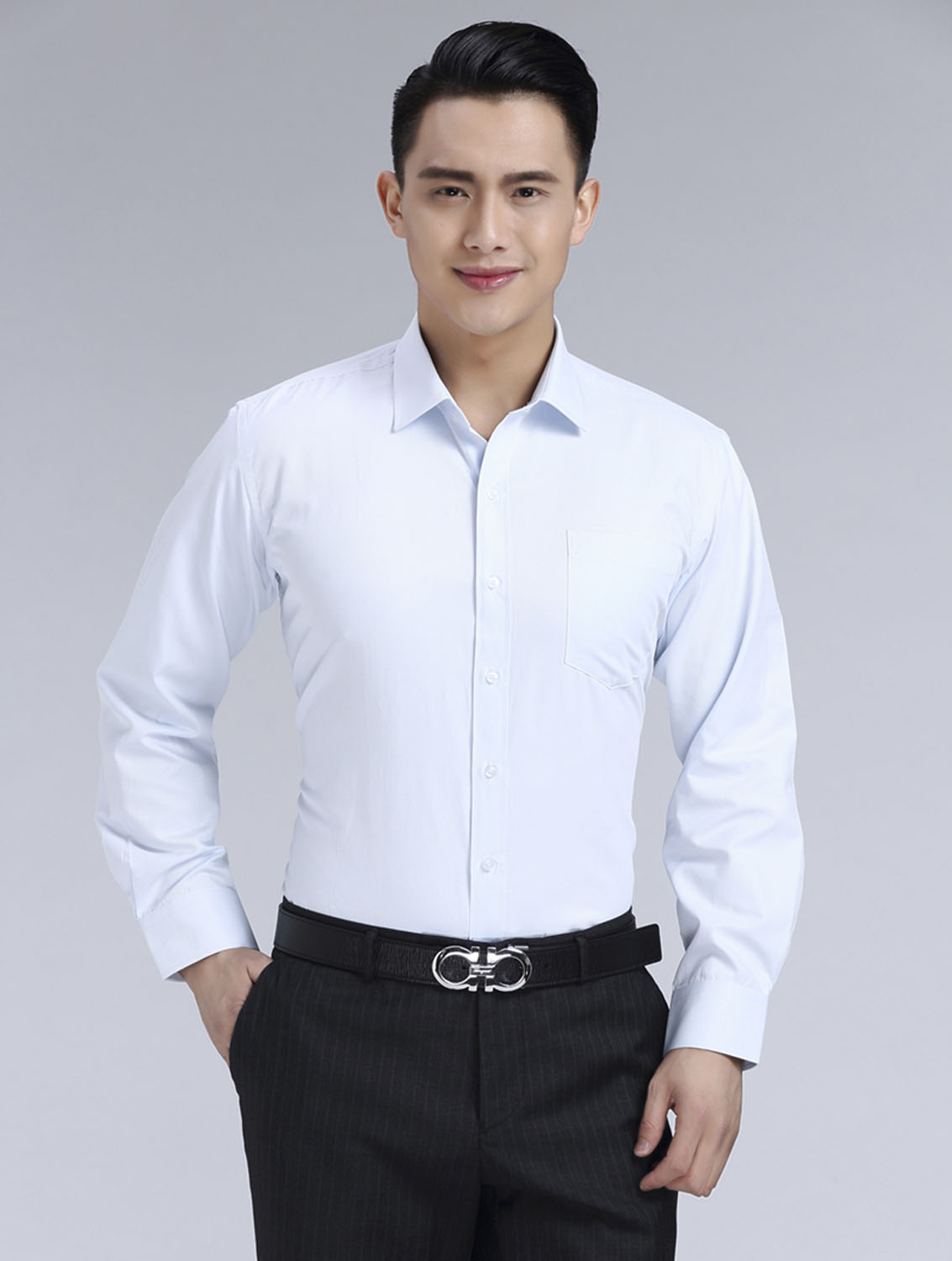 淺藍色斜紋男款滌棉翻領長袖修身襯衫-1383#