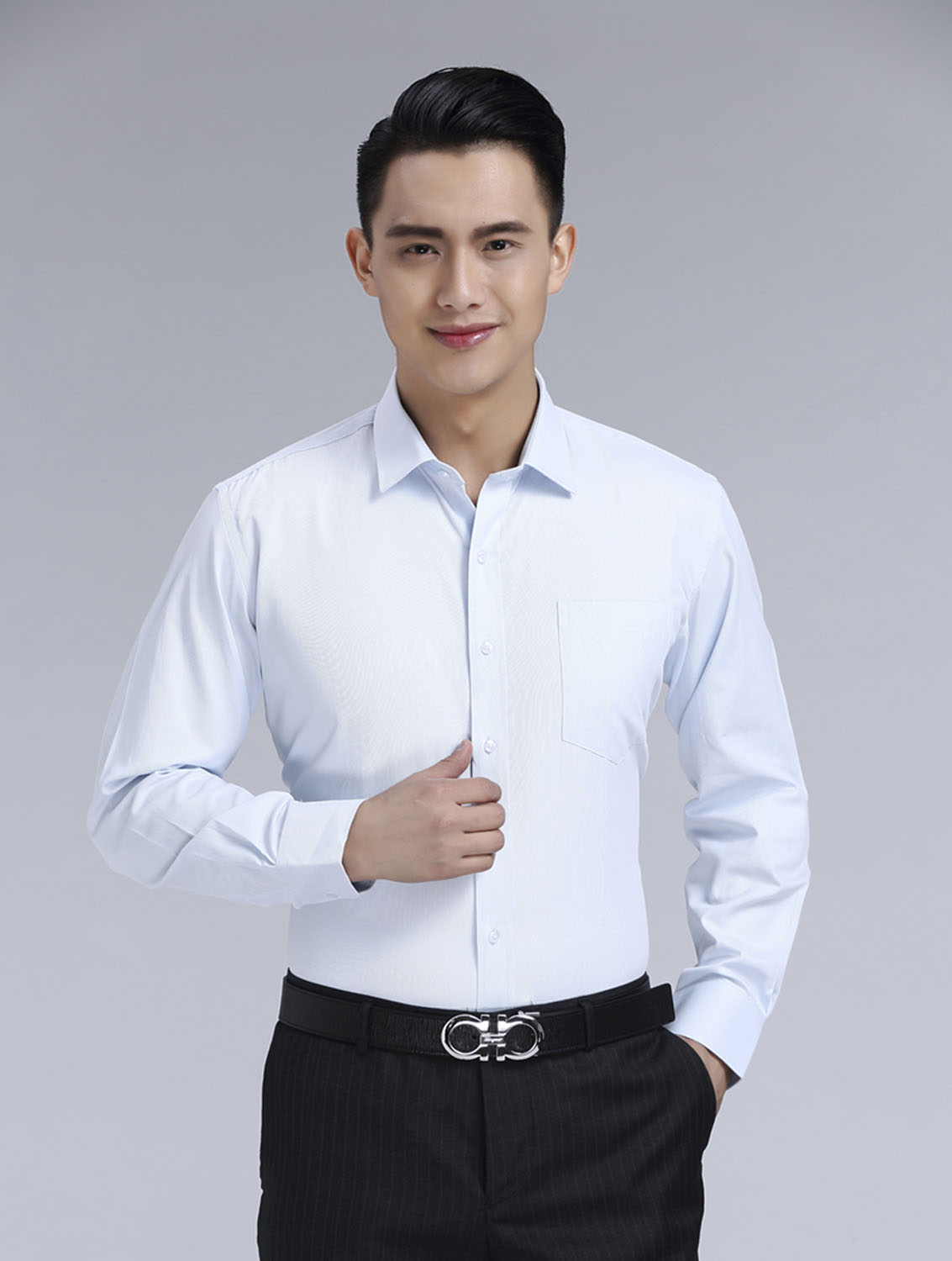 白豎紋男款滌棉翻領長袖韓版襯衫-1493#