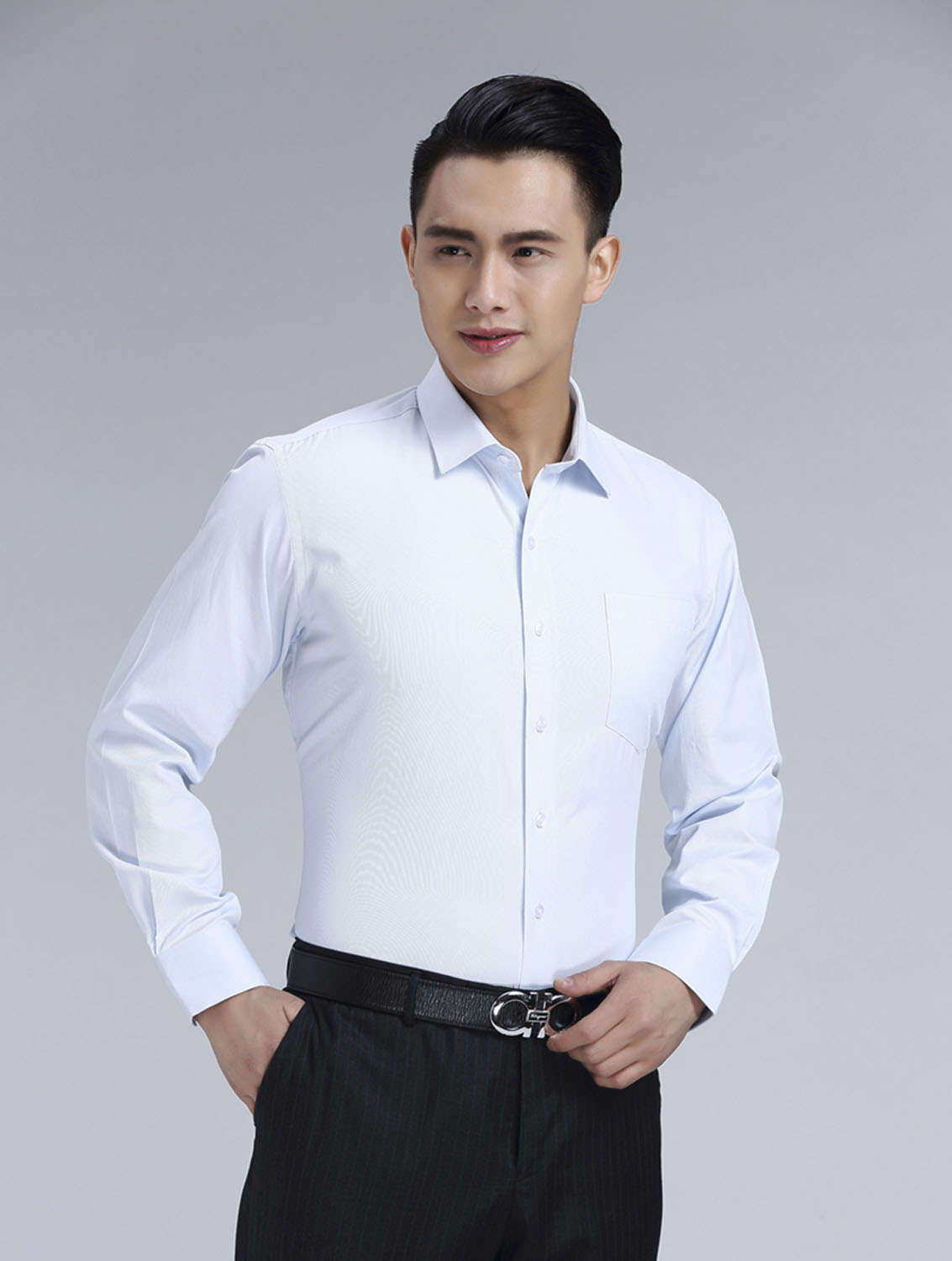 白豎紋男款滌棉翻領長袖韓版襯衫-1493#