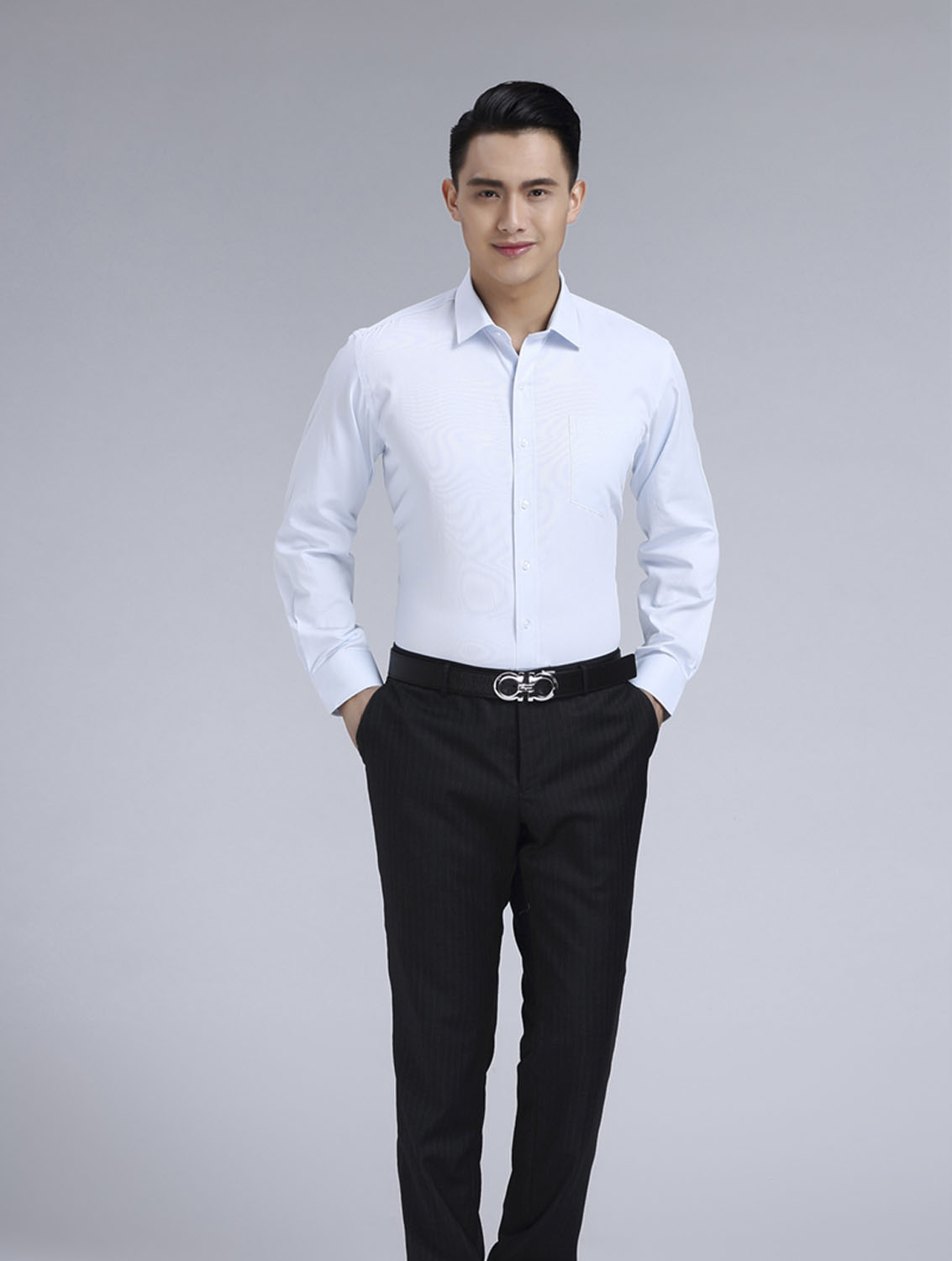 白豎紋男款滌棉翻領長袖韓版襯衫-1493#