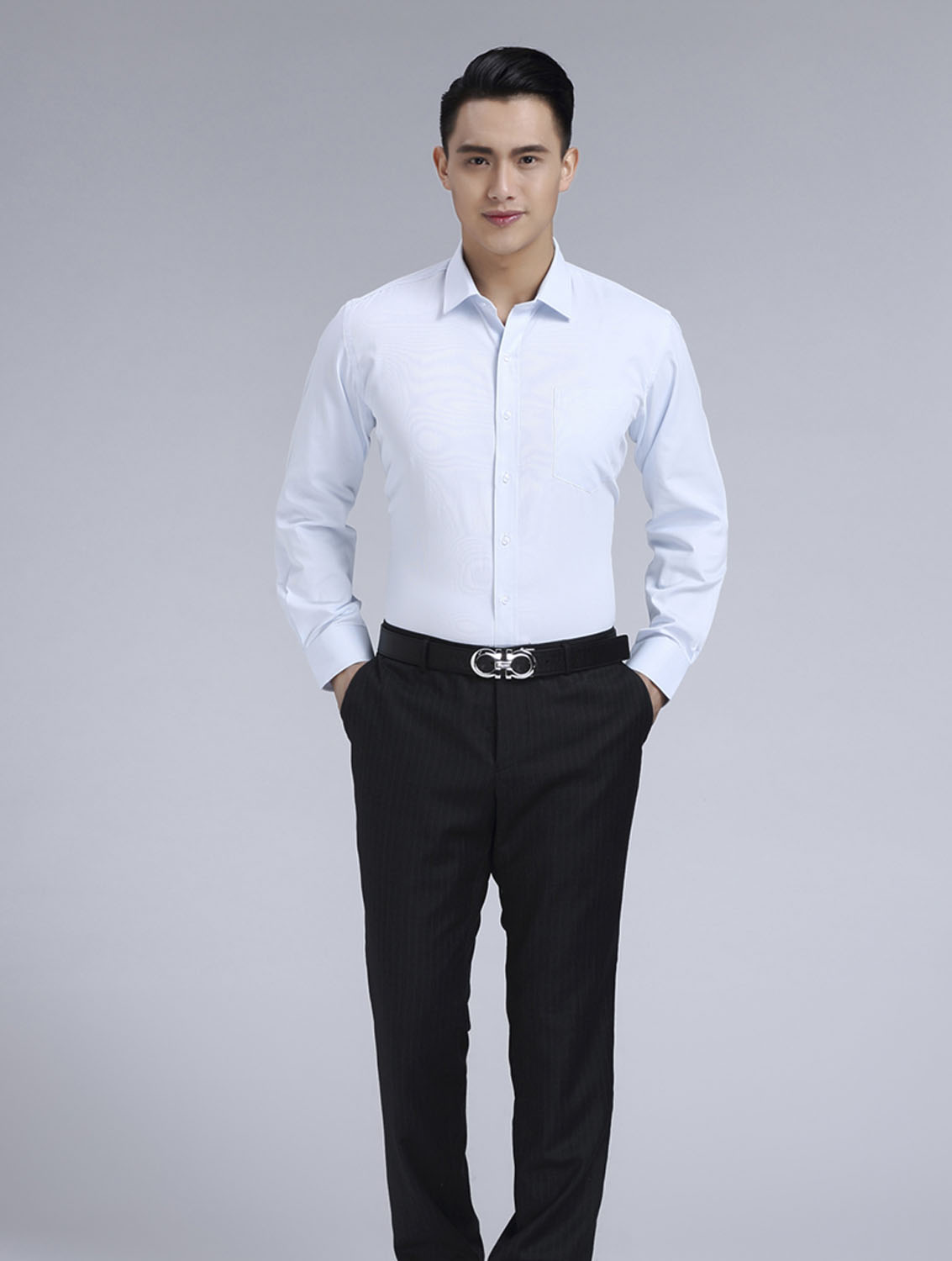 白豎紋男款滌棉翻領長袖韓版襯衫-1493#