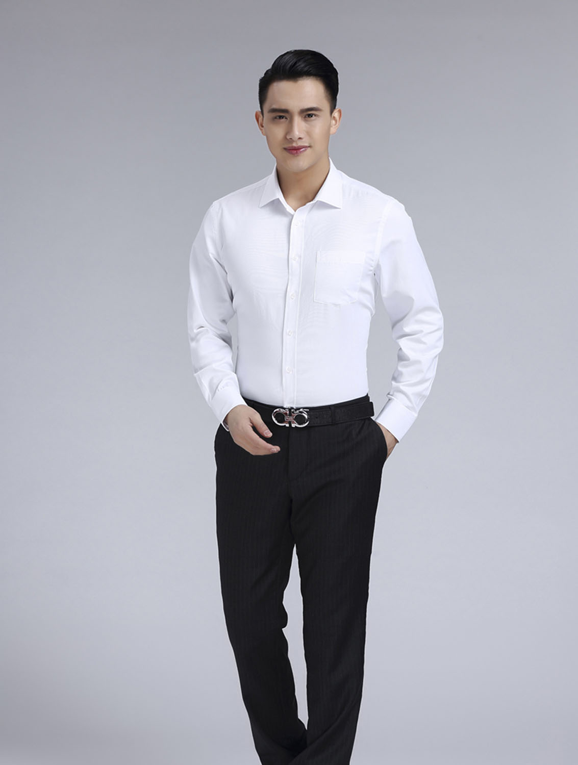 白色男款滌棉翻領長袖修身襯衫-3016-1#