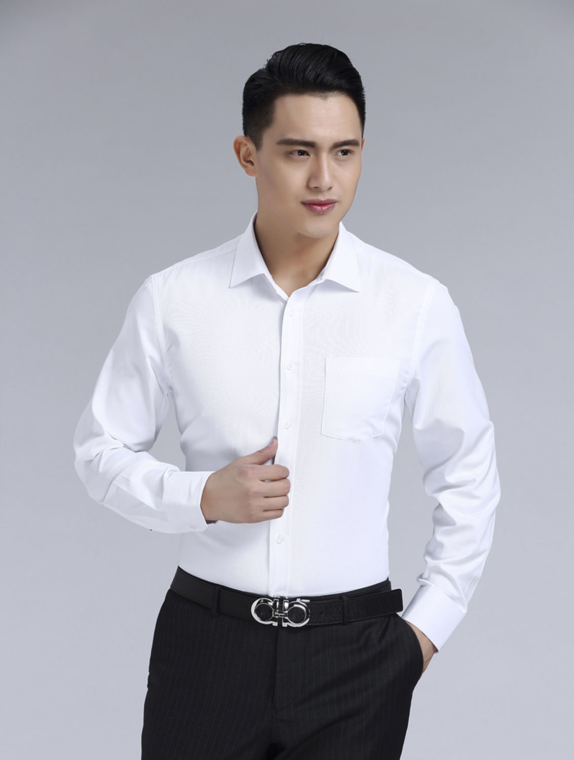 白色男款滌棉翻領長袖修身襯衫-3016-1#