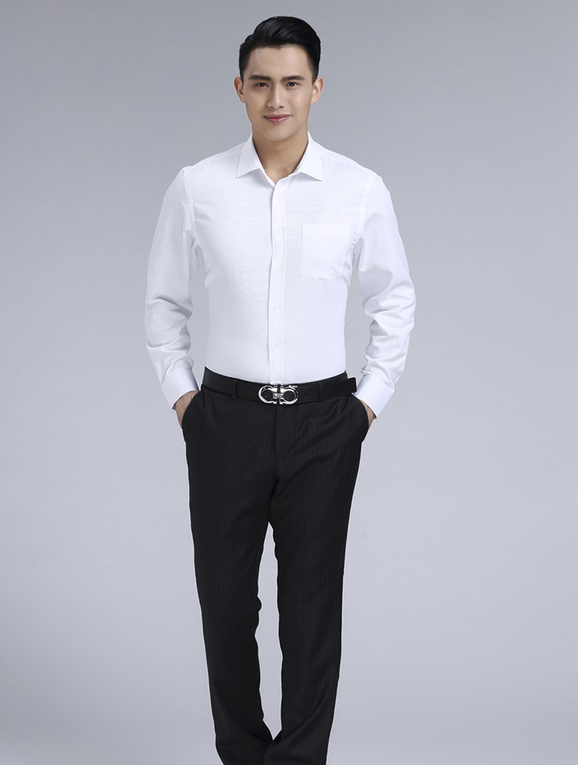白色男款滌棉翻領長袖修身襯衫-3016-1#