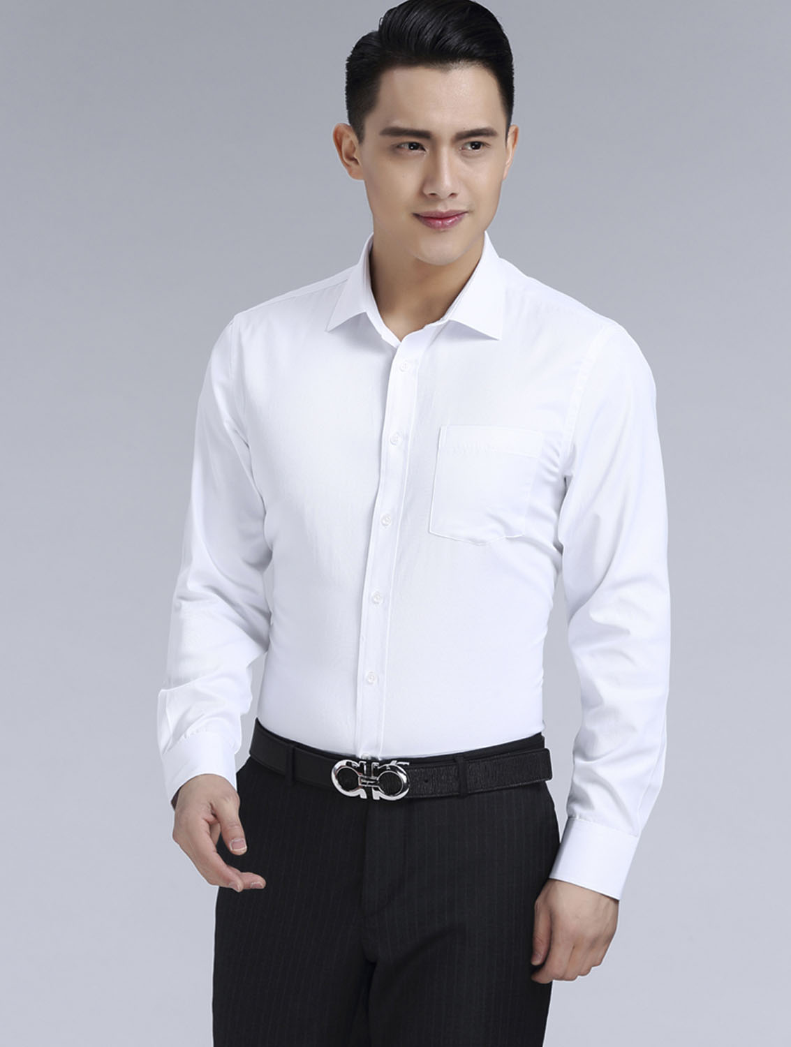 白色男款滌棉翻領長袖修身襯衫-3016-1#