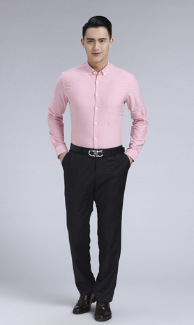 粉色男款牛津紡翻領長袖修身襯衫-19172#