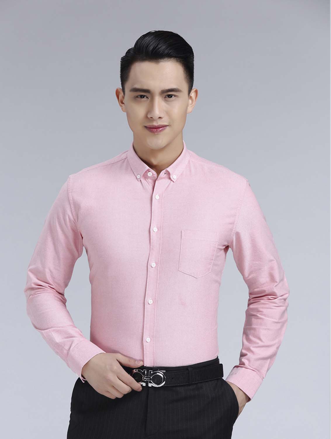 粉色男款牛津紡翻領(lǐng)長袖修身襯衫-19172#