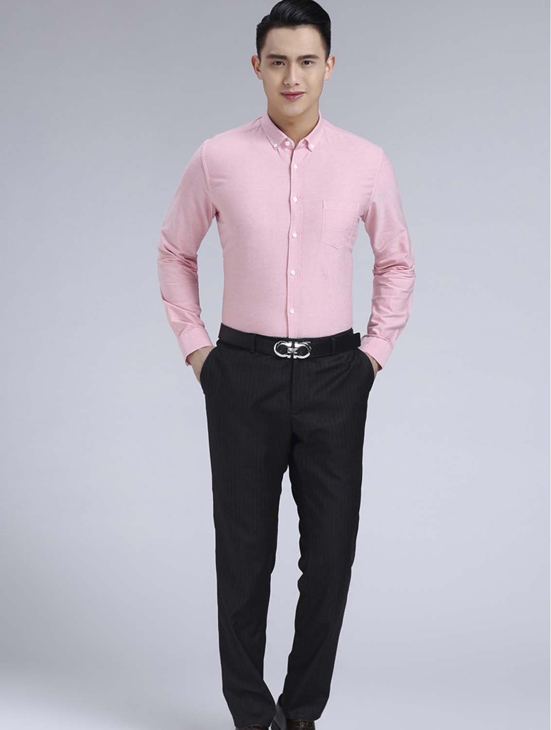 粉色男款牛津紡翻領(lǐng)長袖修身襯衫-19172#