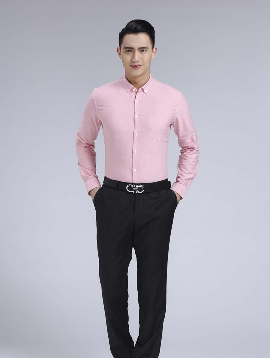 粉色男款牛津紡翻領(lǐng)長袖修身襯衫-19172#