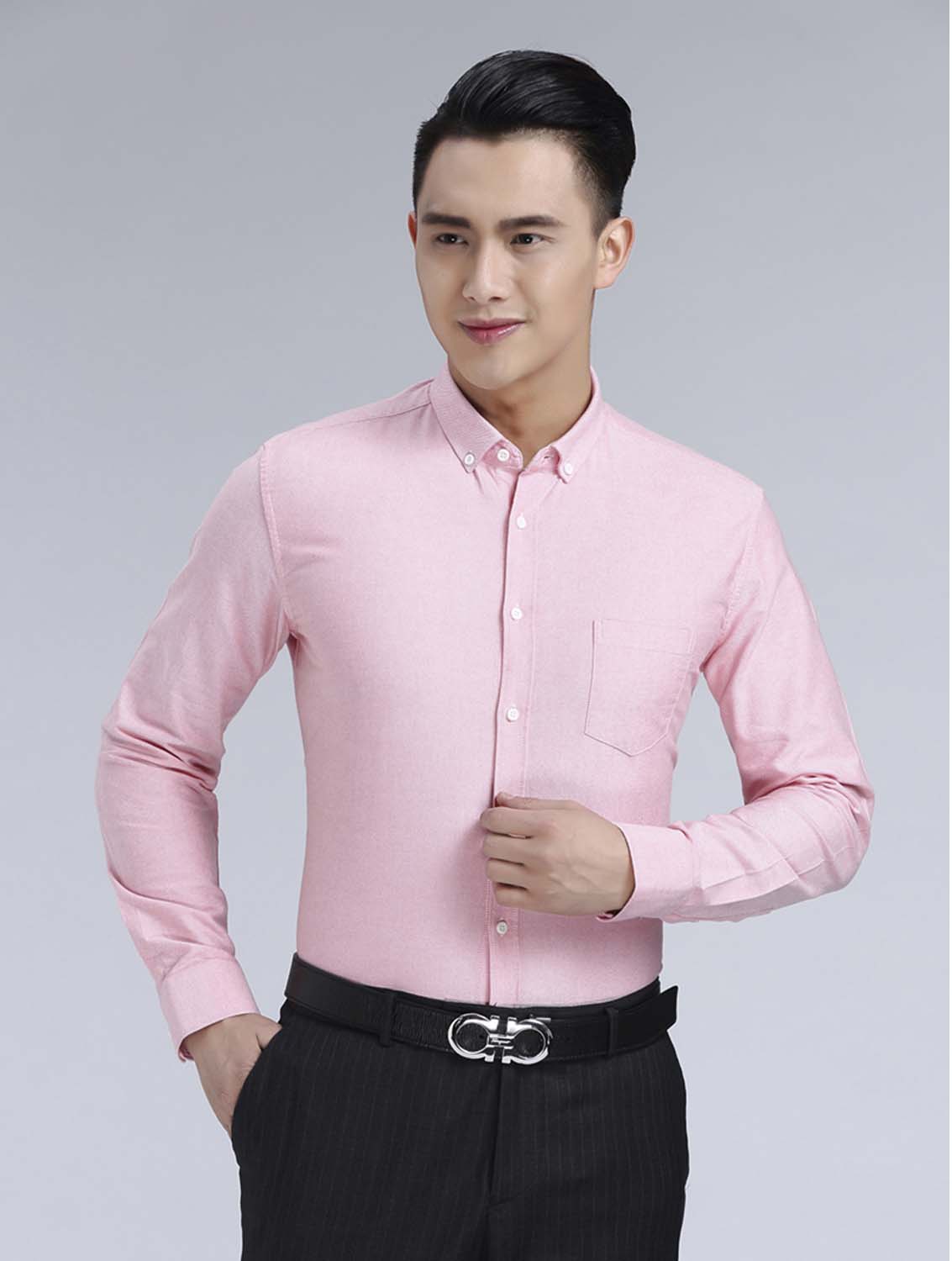 粉色男款牛津紡翻領(lǐng)長袖修身襯衫-19172#