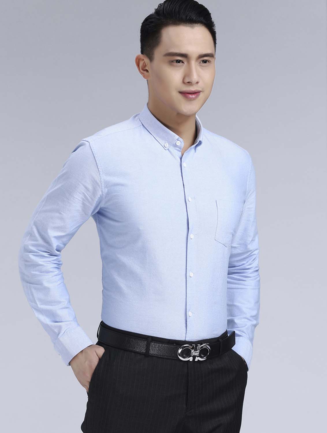 藍色男款牛津紡翻領長袖修身襯衫-19175#