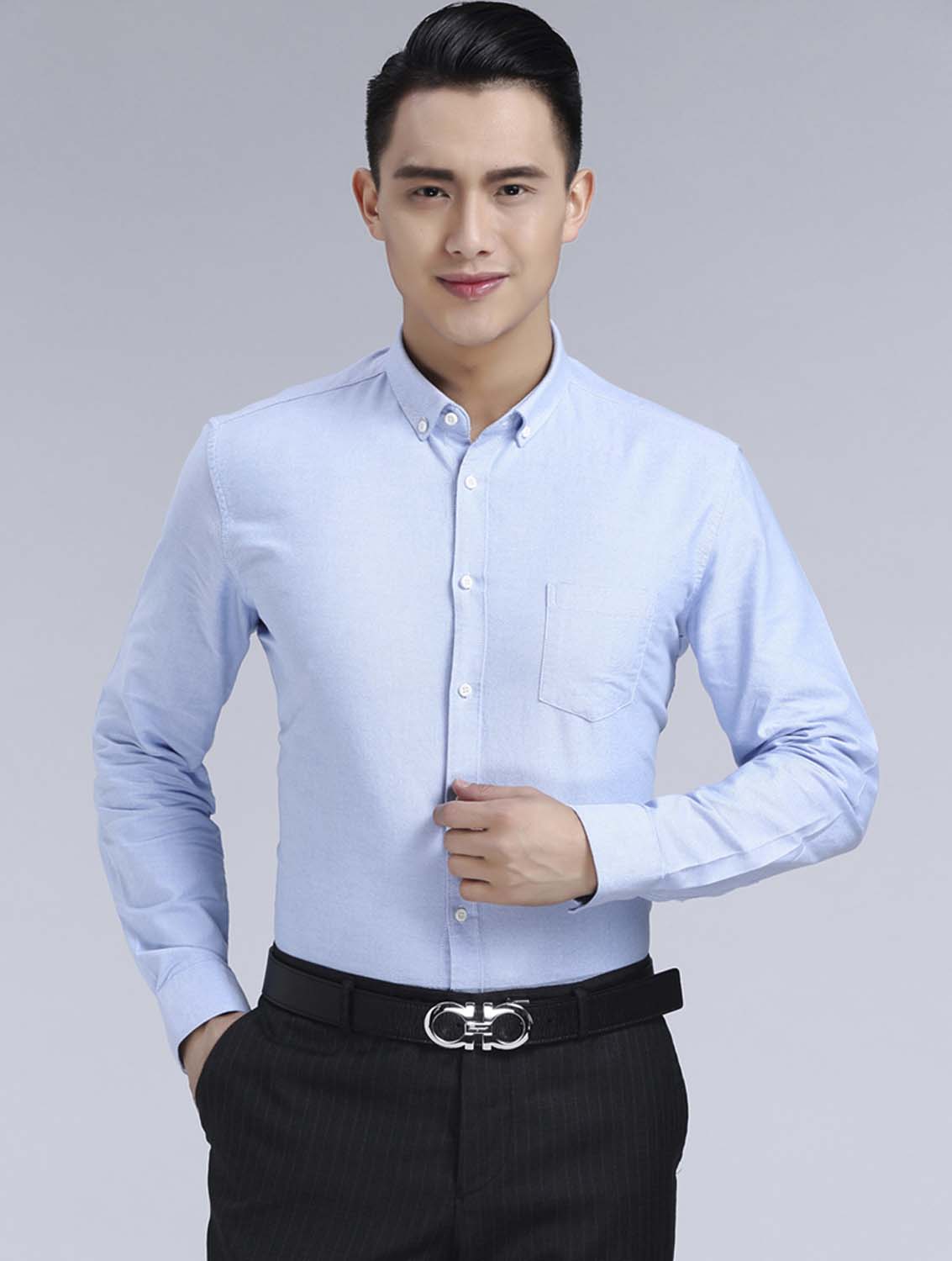 藍色男款牛津紡翻領長袖修身襯衫-19175#