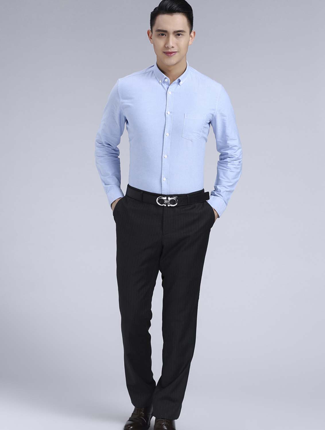 藍色男款牛津紡翻領長袖修身襯衫-19175#