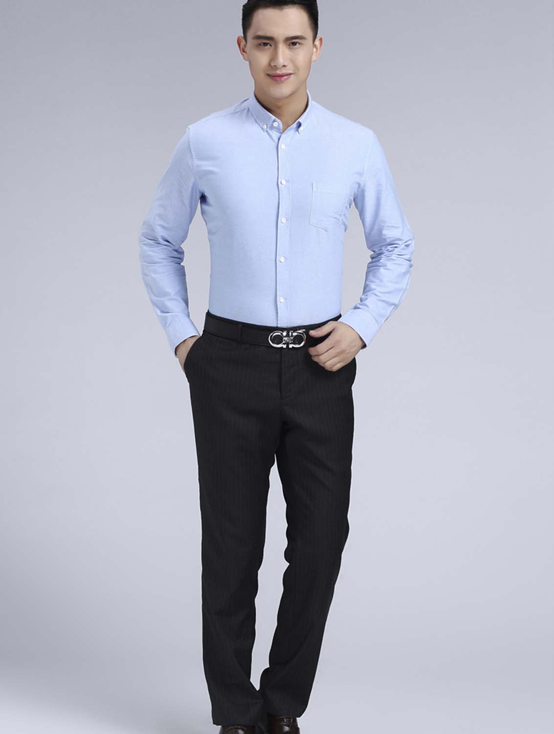 藍色男款牛津紡翻領長袖修身襯衫-19175#