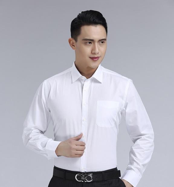 白色斜紋男款滌棉翻領長袖修身襯衫-CVC021#