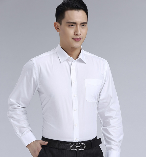 白色斜紋男款滌棉翻領長袖修身襯衫-CVC021#