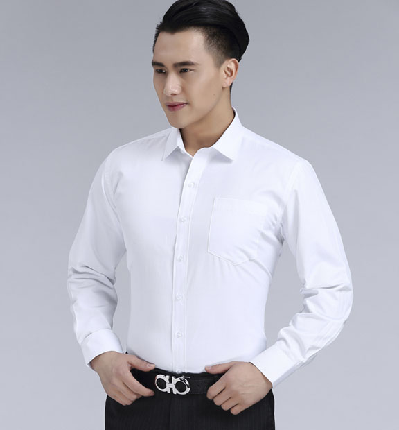 白色男款滌棉翻領長袖修身襯衫-TR0201#