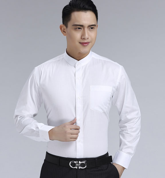 白色男款滌棉立領長袖修身襯衫-BL0071#