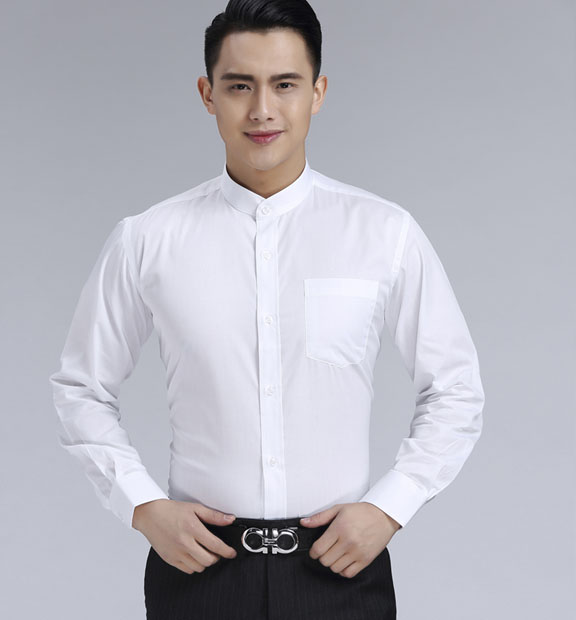 白色男款滌棉立領長袖修身襯衫-BL0071#