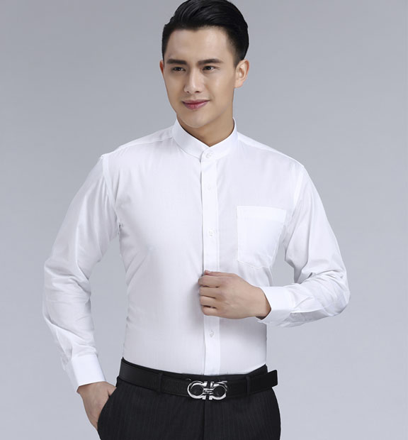 白色男款滌棉立領長袖修身襯衫-BL0071#