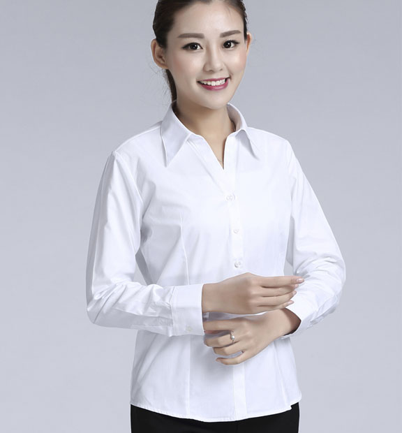 白色女款滌棉翻領長袖修身襯衫-0501#