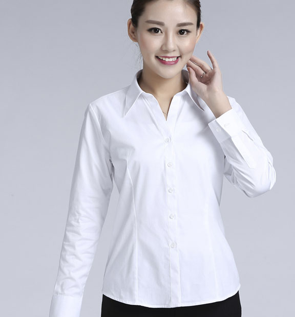 白色女款滌棉翻領長袖修身襯衫-0501#