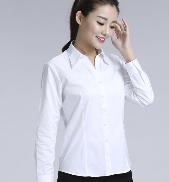 白色女款滌棉翻領長袖修身襯衫-0501#